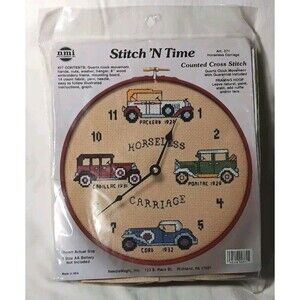NMI Stitch 'N Time No 371 Counted Cross Stitch 8" Hoop Clock Horseless Carriage